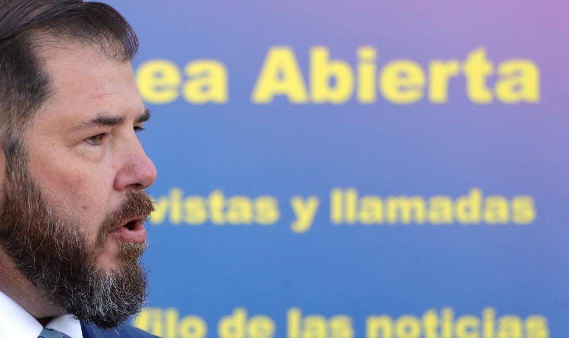 Assemblymember Joaquín Arámbula speaks during a Nov. 8, 2023 ceremony at the radio station’s southeast Fresno facility.