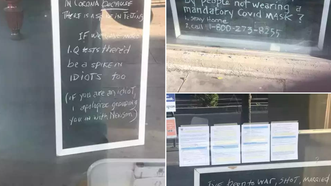 Tower District business owner in Fresno posts signs mocking coronavirus and Gov. Newsom