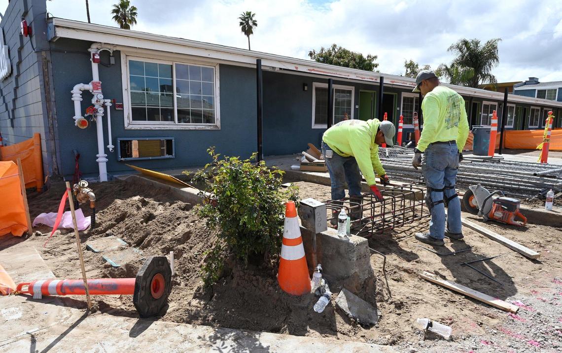 Renovation work is seen at the Villa Motel along Parkway Drive on Thursday, March 30, 2023 in central Fresno. The motel, owned by the city of Fresno, was converted to serve as an emergency homeless shelter.