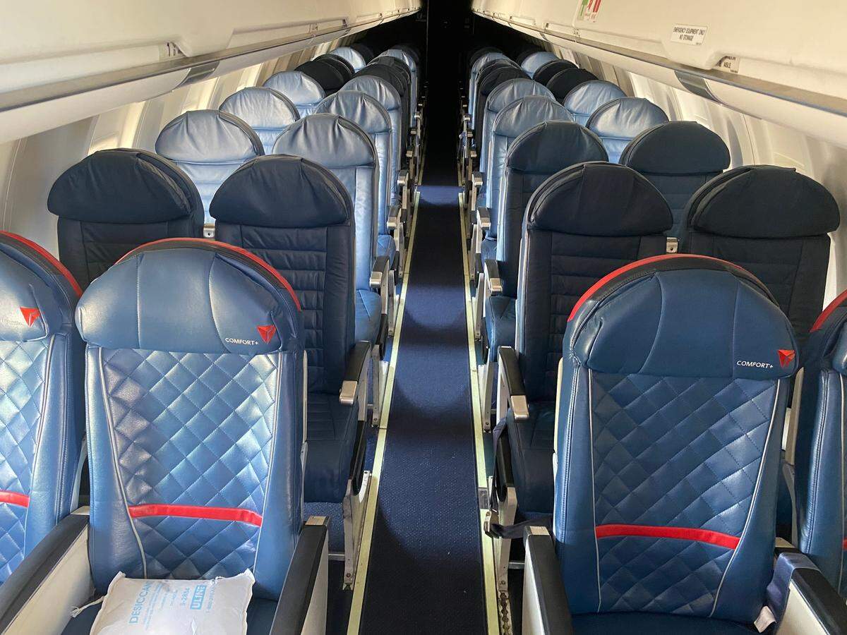 The 50-seat interior of a retired Bombardier CRJ200 regional jet given by SkyWest Airlines to San Joaquin Valley College’s aviation maintenance program in Fresno. The fully operational jet, minus its engines, offers a hands-on learning platform for students in the 18-month program.