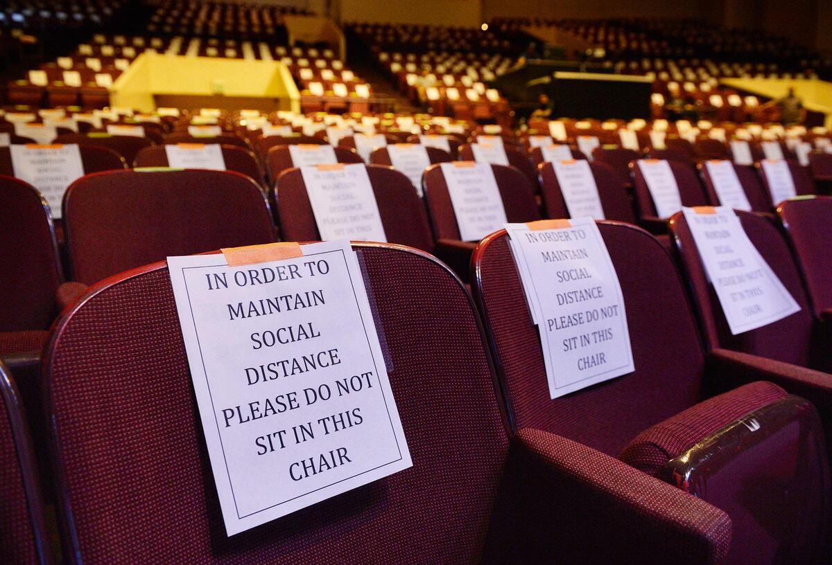 Seats at Cornerstone Church are marked excluded from use for the next day’s service as Pastor Jim Franklin announced church services would be held with seating at 25 percent capacity at a press conference Saturday, May 30, 2020 in Fresno.