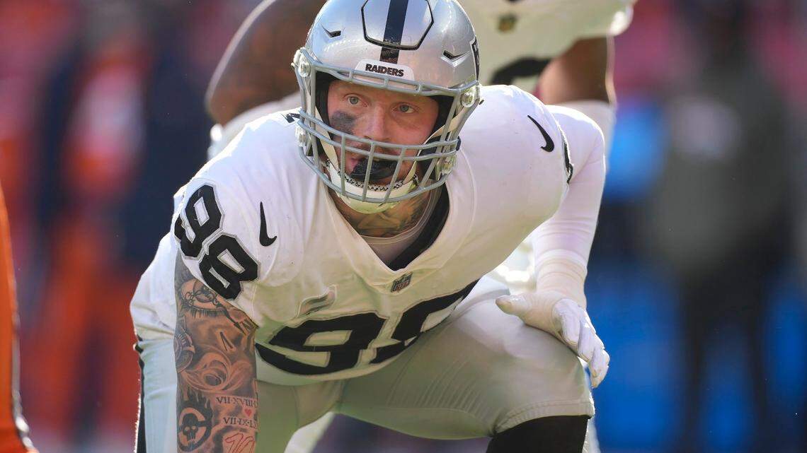 Las Vegas Raiders defensive end Maxx Crosby during an NFL game against the Denver Broncos in Denver, Sunday, Nov. 20, 2022.