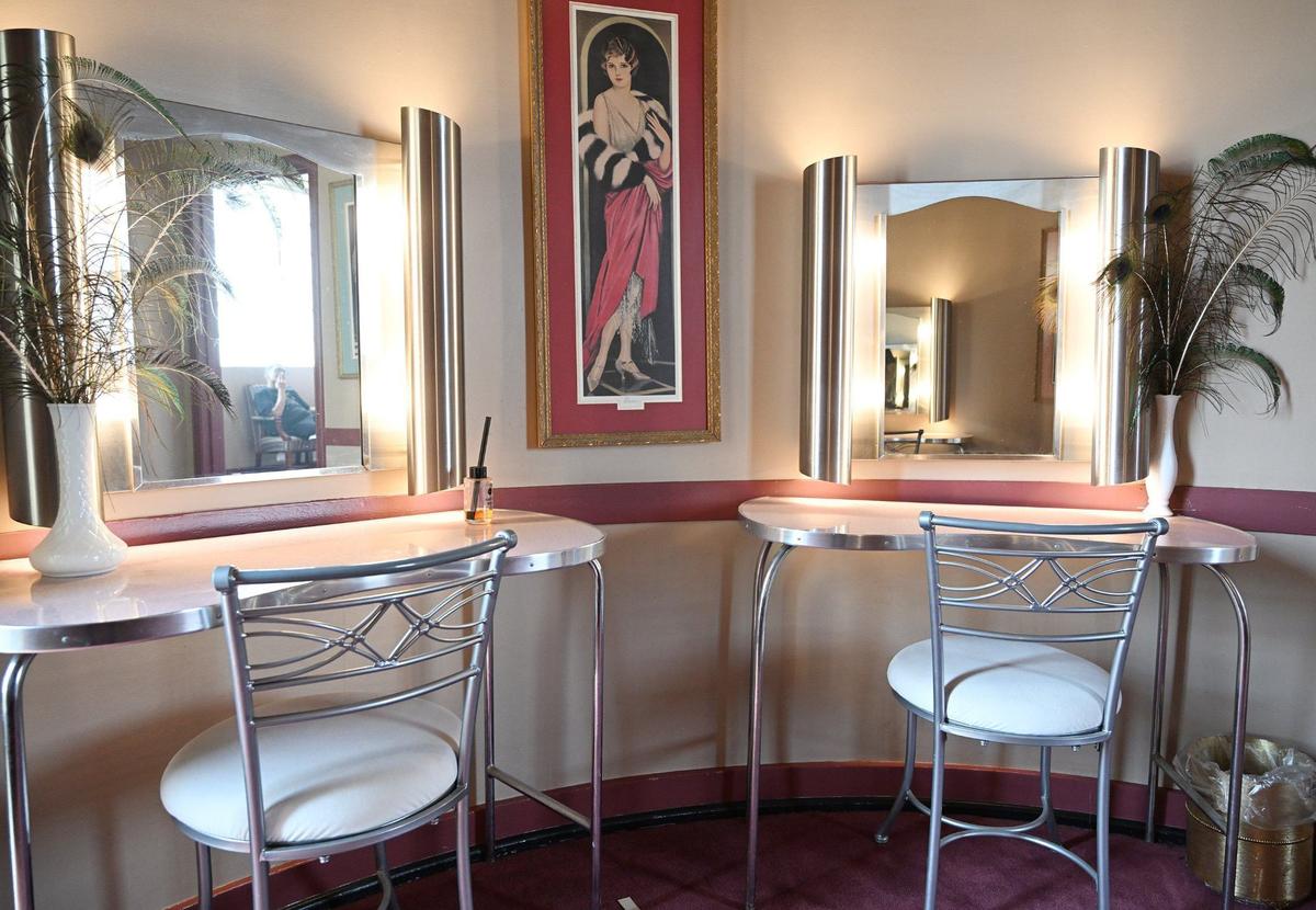 A look inside the women’s powder room on the second floor of the Tower Theatre, photographed Thursday, July 11, 2024 in Fresno. A year under new management, the historic theater maintains its art deco decor.