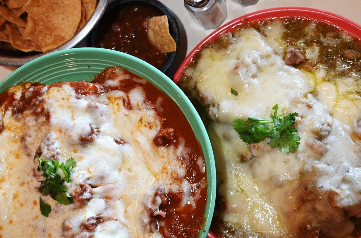 Sal’s Mexican Restaurant’s popular Fancy Burrito with Chile Con Carne, left, or made with Chile Verde, right, was voted Bee reader poll of Fresno’s most famous dish, photographed Thursday, May 26, 2022 in Fresno.