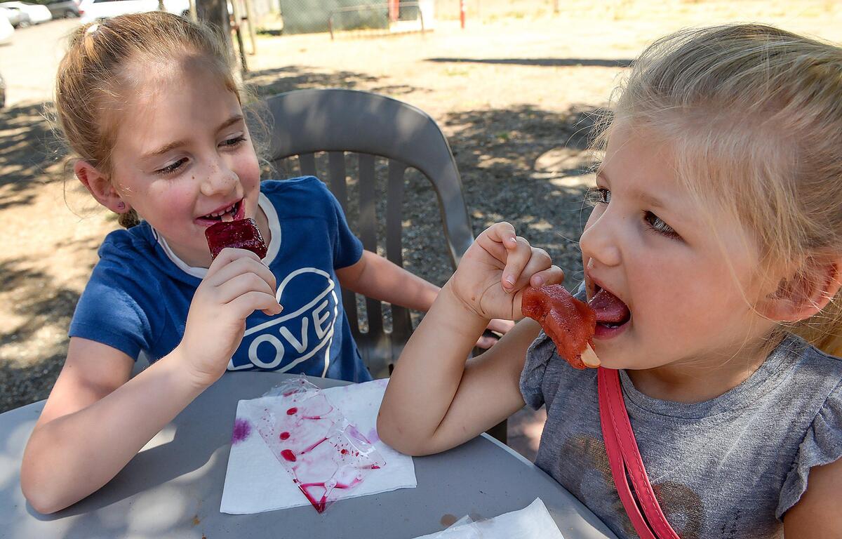 Sisters Avery, left, 6, and Delilah Chapa, 4, of Fresno enjoy popsicles called ice pops from Ooh De Lolli at the Vineyard Farmers Market in Fresno on Saturday, July 27, 2019.