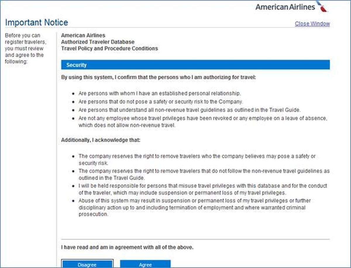 A disclaimer in the American Airlines travel policy prohibits employees from authorizing travel to fellow employees “whose travel privileges have been revoked or any employee on a leave of absence.”