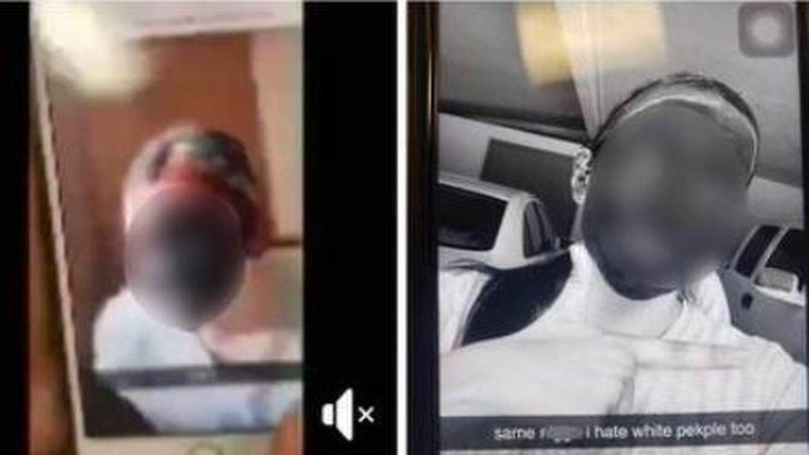 A screenshot of a racist photo and video of a Fresno Unified student is shown. The girl’s face has been blurred.