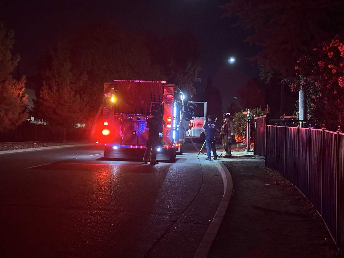 Fresno fire crews at First and Sussex Way on Saturday, July 4, 2026.