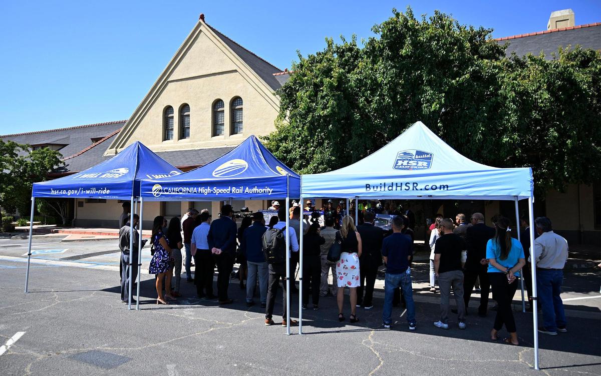 A press conference was held Wednesday, June 28, 2023, at the historic Southern Pacific train depot on H Street in downtown Fresno to announce a $20 million federal grant for restoration of the depot, including plazas and a portal for the High Speed Rail station.