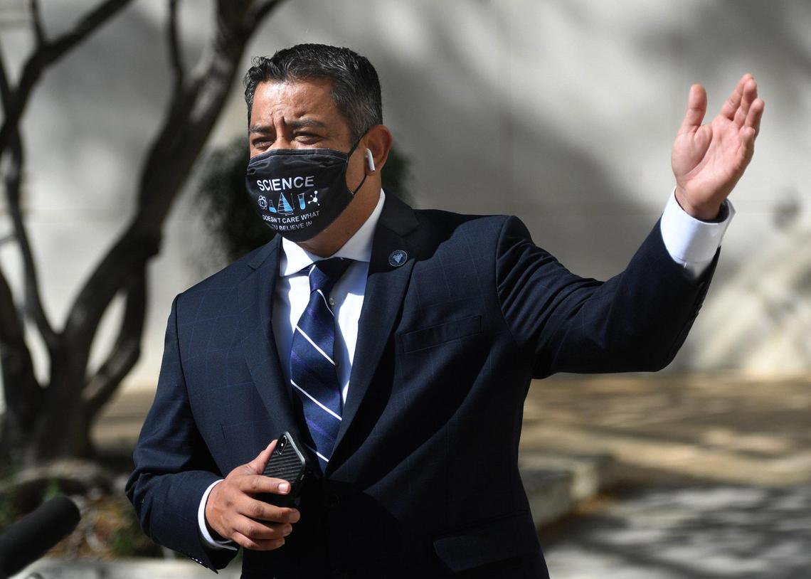 Miguel Arias, Fresno City Council President, speaks during a press conference Tuesday Aug. 4, 2020, to call upon the Fresno County Board of Supervisors to take urgent action to keep families safe during the pandemic, outside the supervisors meeting at the Hall of Records.