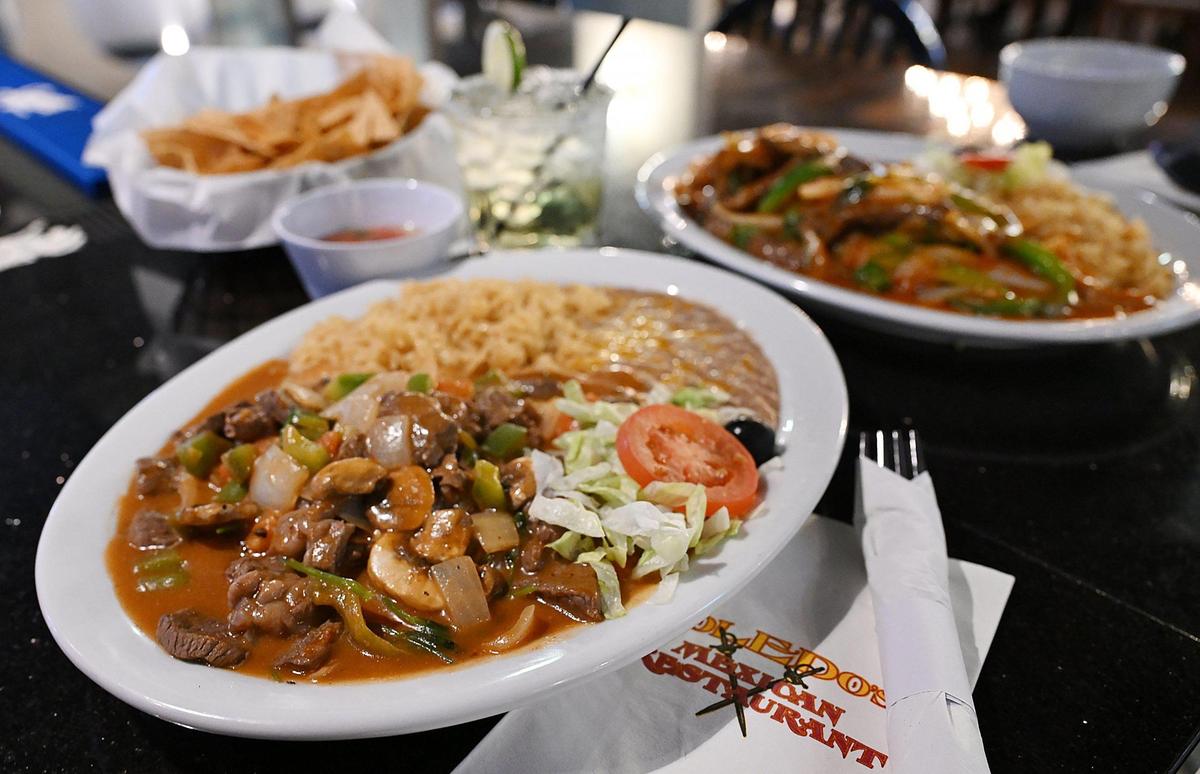 Pepper Steak, bottom, paired with chips, a margarita and a Wet Burrito, top right, is seen at the new Toledo’s Mexican Restaurant, newly opened at Cedar and Nees avenues. Photographed Tuesday, April 22, 2025 in Fresno.