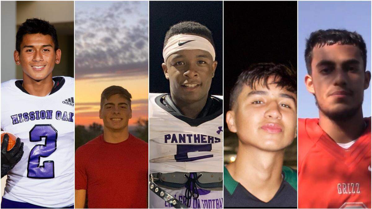 Here are the nominees for The Fresno Bee Player of the Week for Week 5 from left to right: RB Michael Iriye of Mission Oak; RB Nicholas Harper of Yosemite; WR Darius McCray of Washington Union: K Aramel Villa of Liberty-Madera Ranchos and QB Jameson Silva of Central.