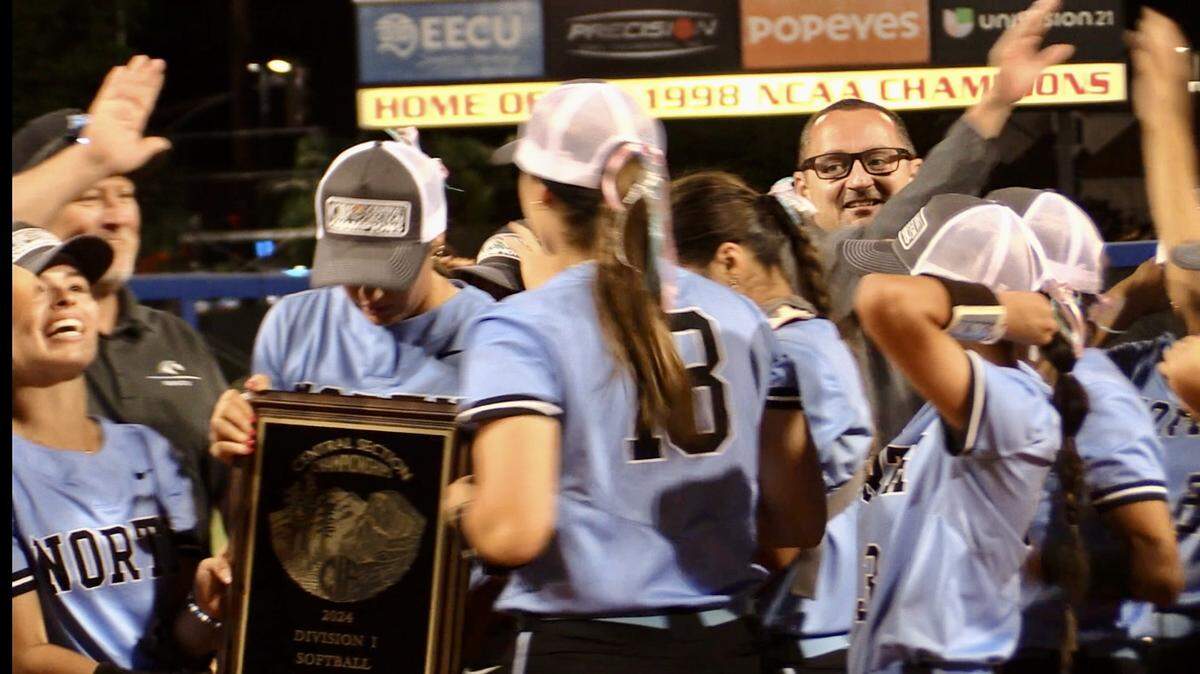Clovis North celebrates a Central Section Division I title on Saturday, May 25, 2024.