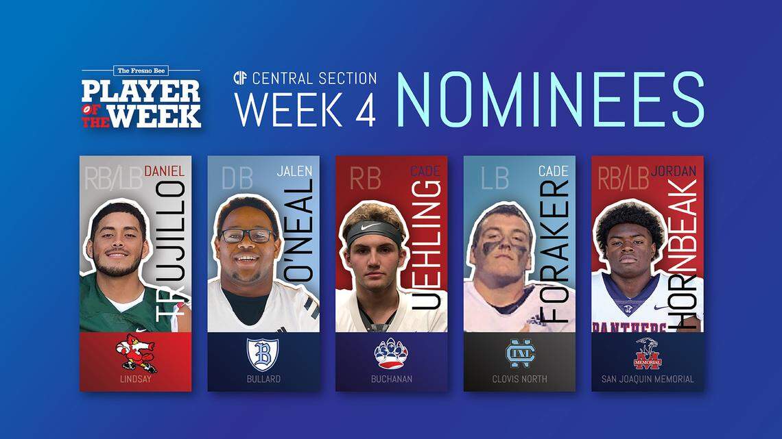 Five high school football players were in the running for Fresno CA Week 5 honor: Left to right Lindsay RB/LB Daniel Trujillo; Bullard DB Jalen O’Neal; Buchanan RB Cade Uehling; Clovis North LB Cade Foraker San Joaquin Memorial RB Jordan Hornbeak.