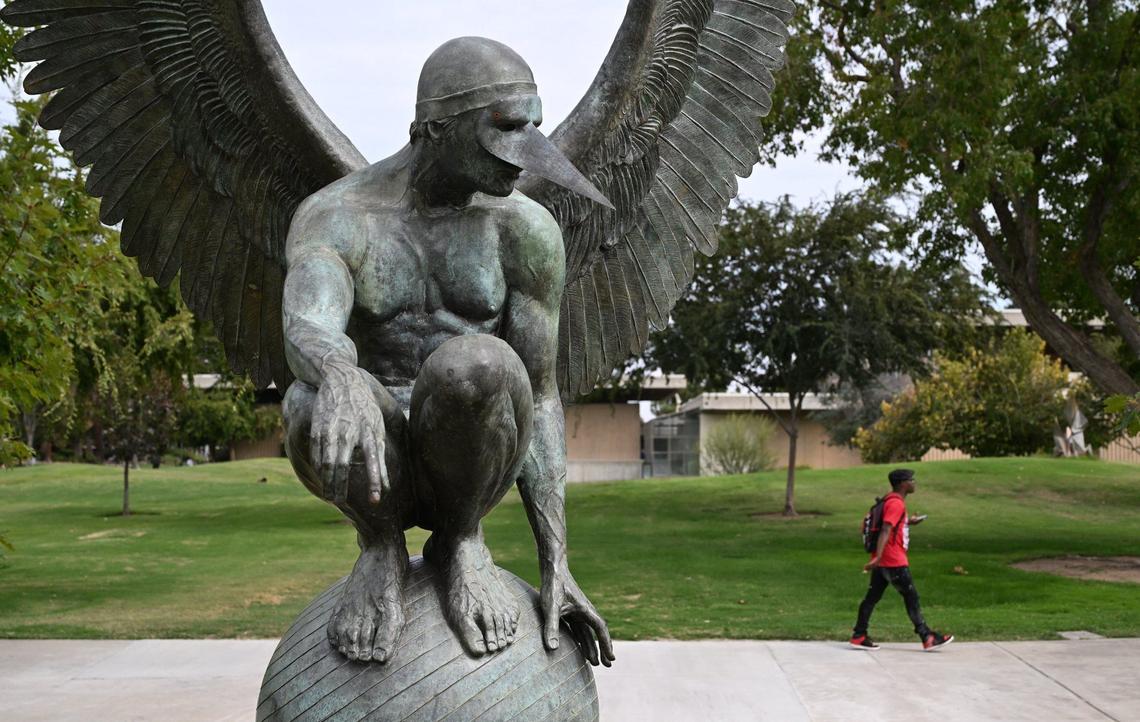 Angel Perselidas, one of five bronze sculptures in the new art installation titled “Wings of the City” by Mexican artist Jorge Marín, is now on display along Fresno State’s Maple Mall through August 2025. Photographed Wednesday, Sept. 18, 2024 in Fresno.