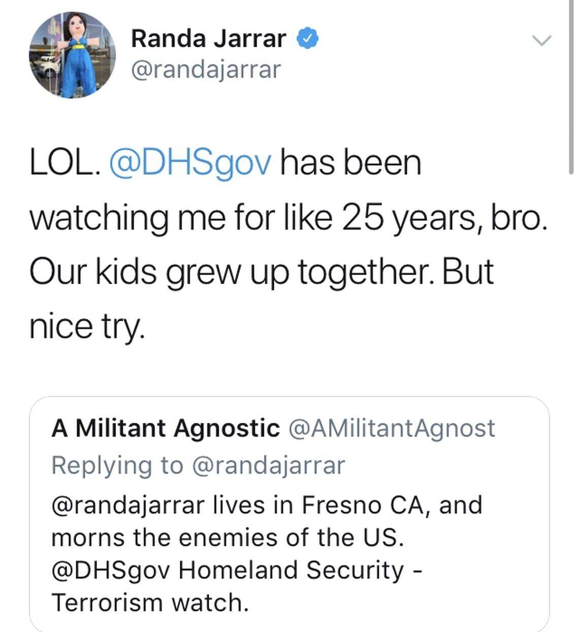 Fresno State professor Randa Jarrar interacts with someone who flags her account with U.S. Homeland security.