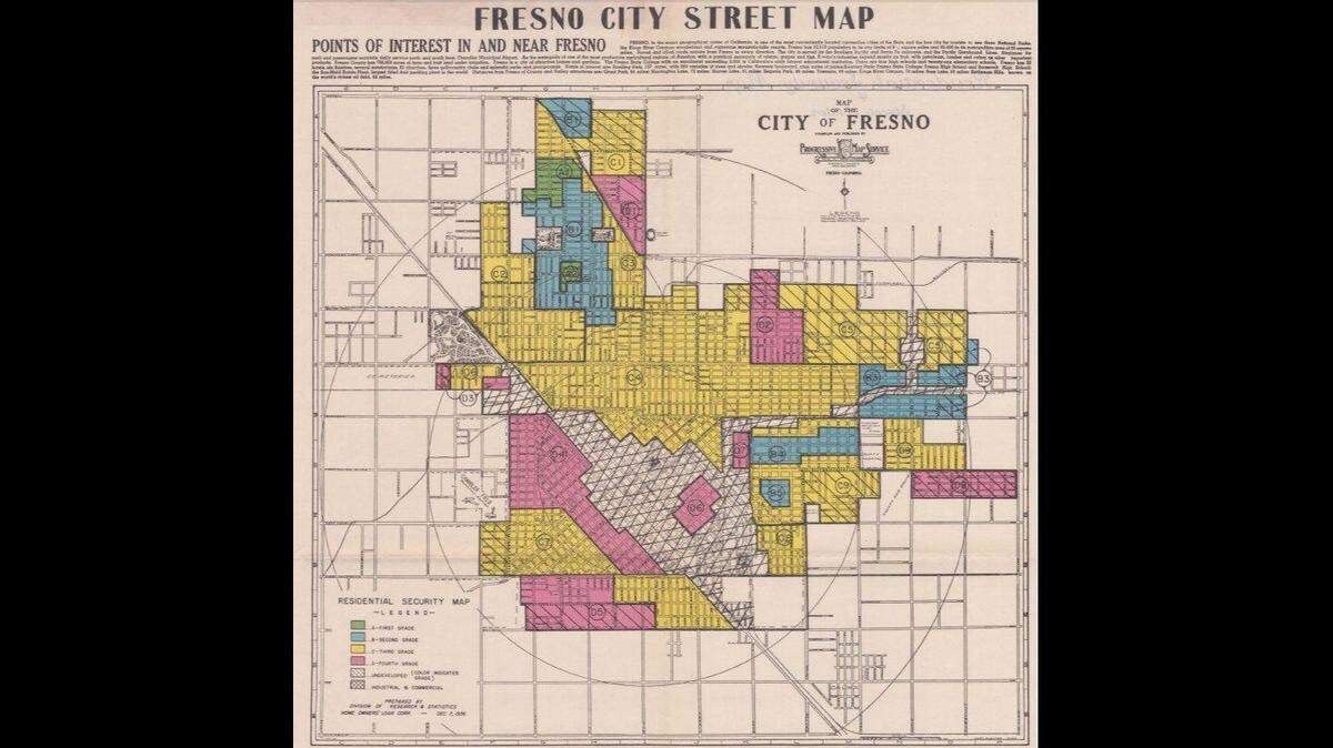 A 1936 Fresno “redline” map by the Home Owners’ Loan Corporation show which neighborhoods were considered more secure for lending purposes. Areas with minority residents were shaded in red; banks wouldn’t grant loans there.