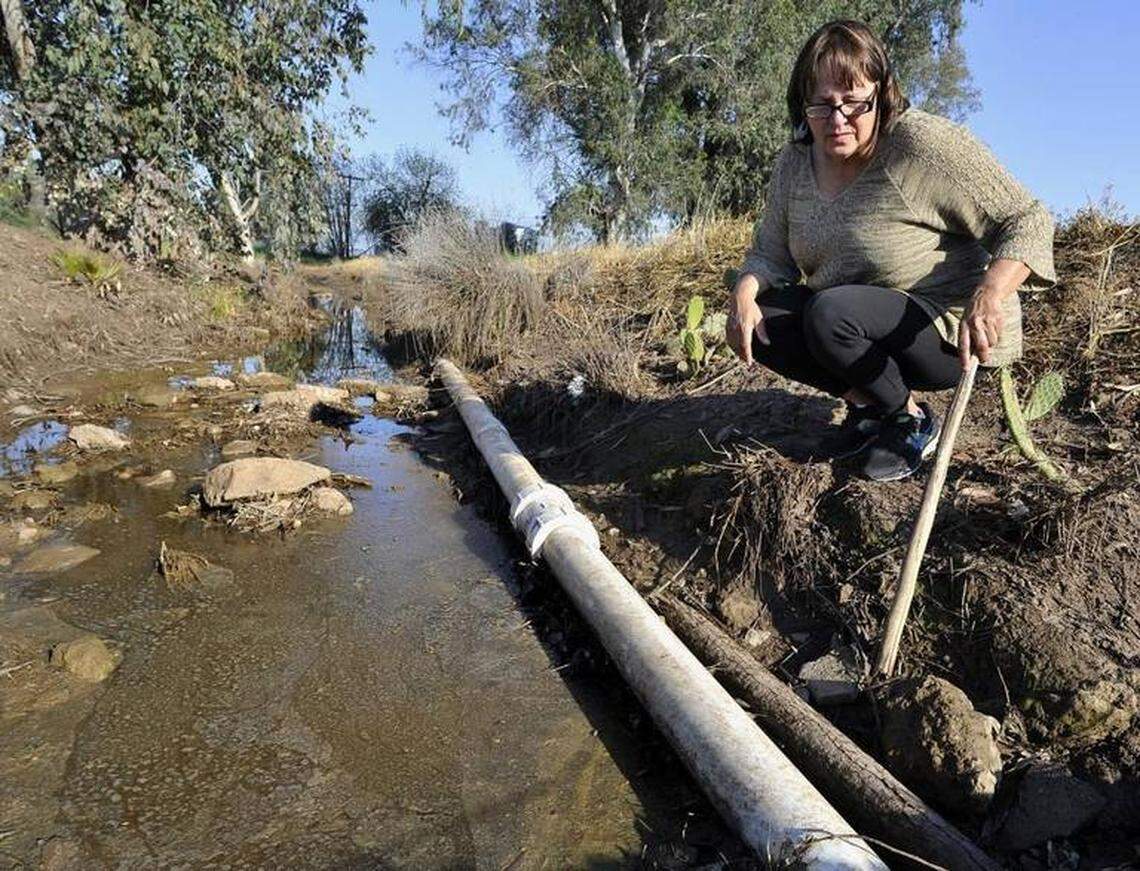 In this 2017 photo, Seville native Rebecca Quintana shows a water line that provides part of Seville with household water from the town’s nearby pump. The plastic pipe replaced a rusty pipe that Quintana says may have dated back to the early 1900s. Both pipes are in an irrigation ditch with standing, fetid water. Quintana wonders if the water had anything to do with the May 2015 death of her daughter Regina Lujan. Breast cancer caused Lujan’s death.