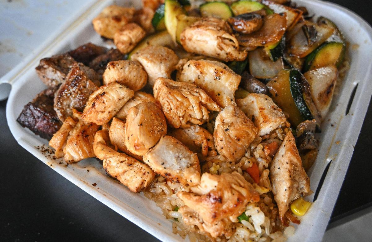 A “secret menu” special features chicken, steak, shrimp, veggies and bacon fried rice at Spicy Mayo Hibachi on Shaw Avenue near West Avenue in Fresno.
