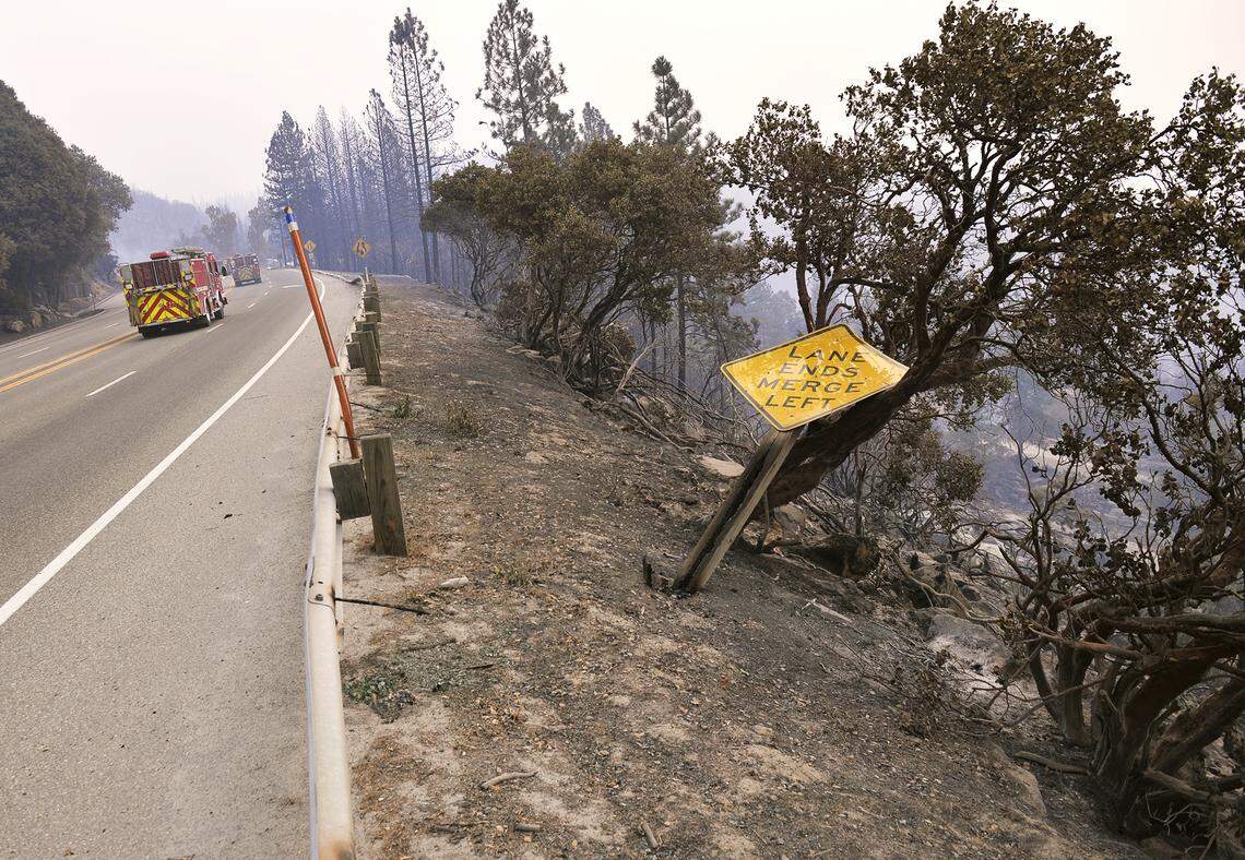 Fire trucks speed up Highway 168 between Tollhouse and Cressmans Wednesday, Sept. 9, 2020 near Shaver Lake.