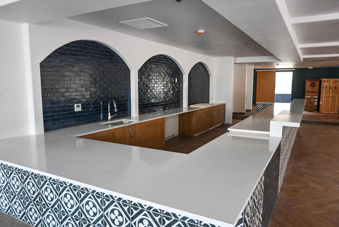 A food service bar is what awaits residents inside the nearly completed family shelter at the Fresno Mission City Center near Blackstone and Dakota in Fresno.