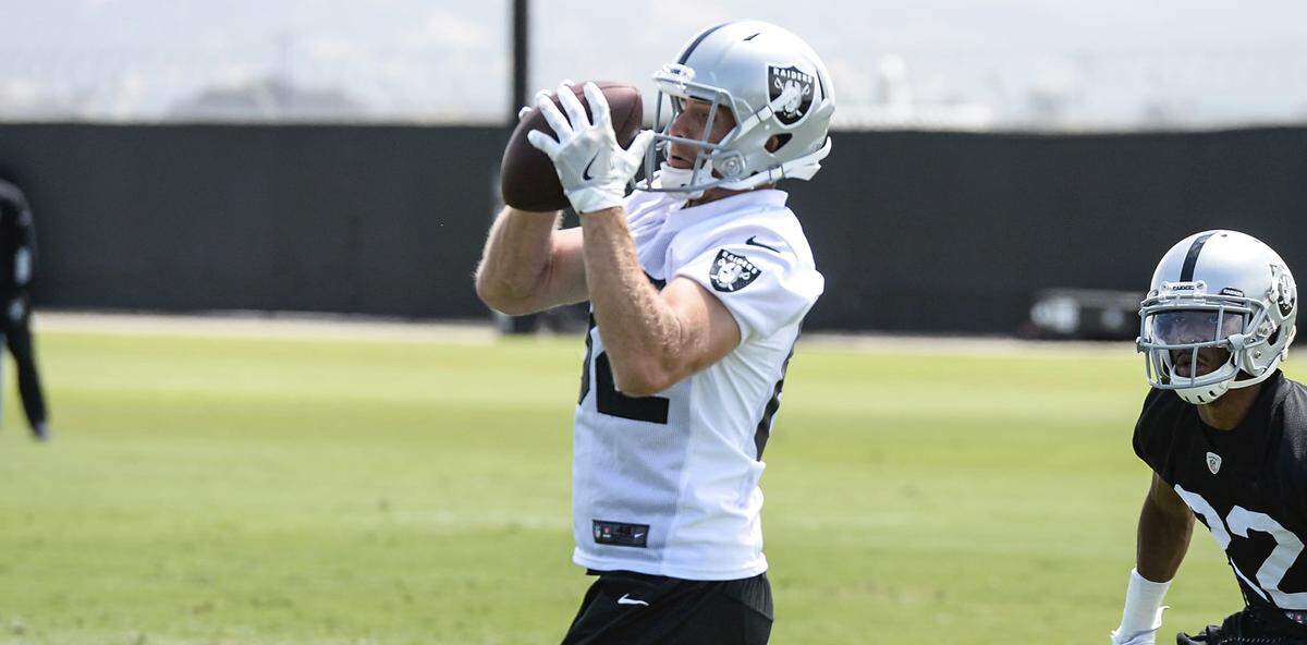 Oakland Raiders wide receiver Jordy Nelson makes a catch during organized team activity in Alameda, CA.