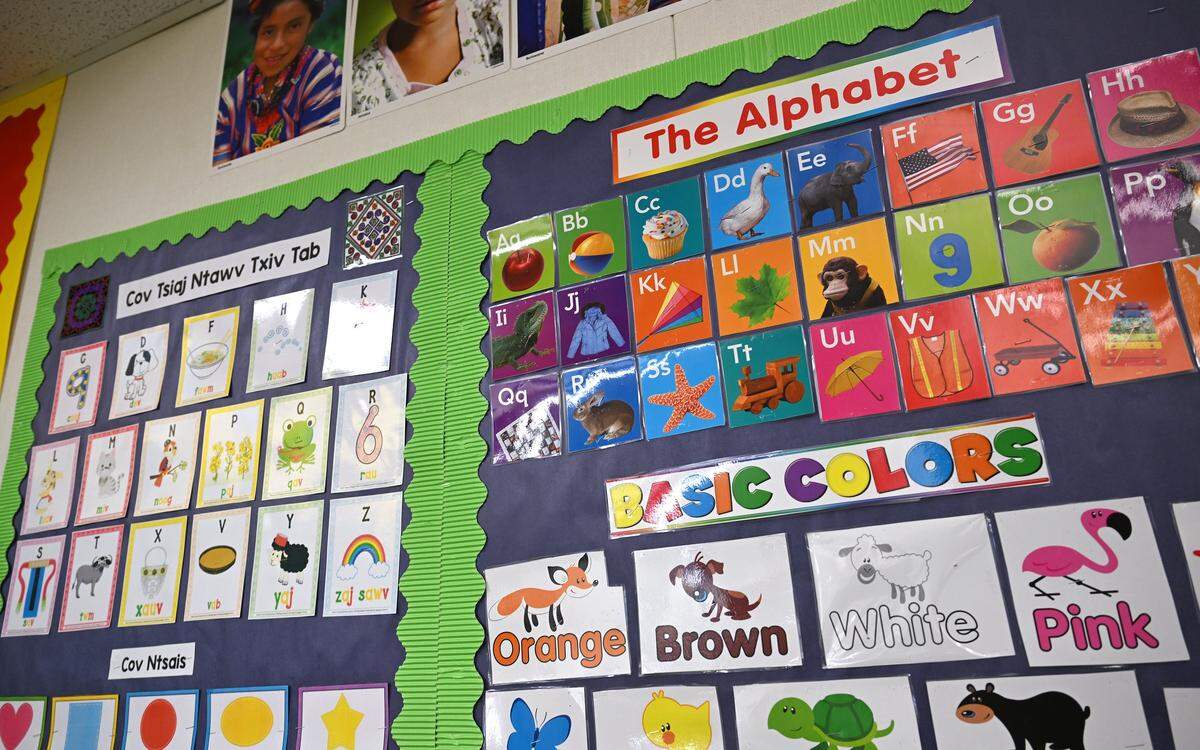 The alphabet is posted in two languages, seen during a tour of Balderas Elementary's Hmong Dula-Language Immersion classes Wednesday, Oct. 15, 2025 in Fresno.