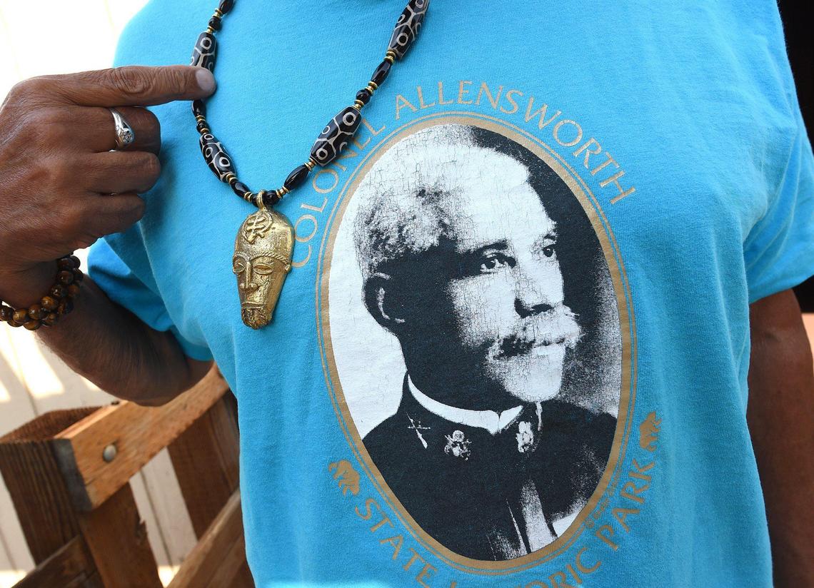 The image of Colonel Allen Allensworth, founder of Allensworth, is displayed on a t-shirt, at the rededication of Allensworth State Historical Park, Wed. Aug. 26, 2021.