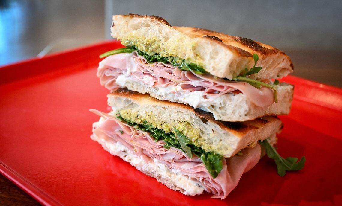 A mortadella sandwich featuring freshly baked focaccia bread, freshly sliced mortadella, stracciatella, pistachio spread and chopped pistachios is a highlight on the menu at Strada, an Italian-inspired sandwich shop opening in the Park Crossing shopping center at FriantRoad  and Audubon Drive .