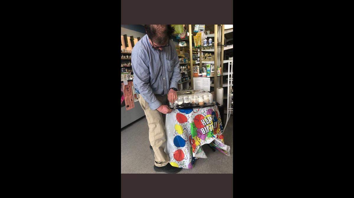 Dave, the Sunrise Health store owner, celebrated the vitamin store’s  35th anniversary. It didn’t start off as much, despite Dave’s decorations and cupcakes. But with the help of a customer who encouraged others via Twitter to visit the store or call the owner, Dave ended up having a happy anniversary.