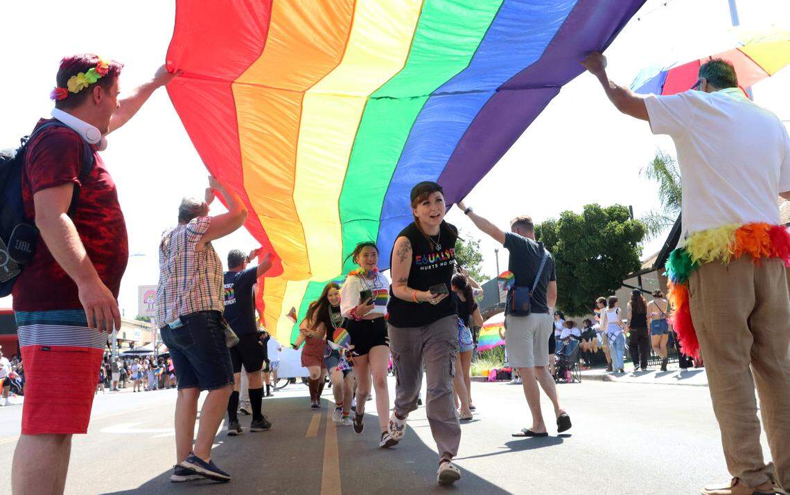 Spectators jumped in to run underneath a giant Pride flag during the 35th Pride Parade in the Tower District on June 7, 2025.