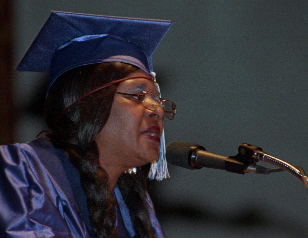 Barbara Ann Hunt, mother of NFL player Ron Cox spoke Wednesday at the Fresno Adult School graduation  at the Warnors Theatre. Hunt dropped out of Edison high as a teenager and returned to school at the adult school where she earned straight A’s. (June 16, 1994)