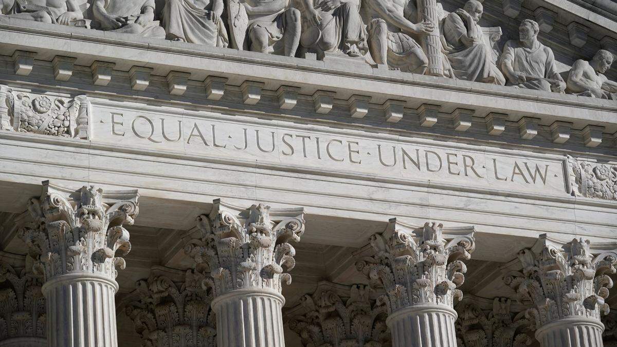 Part of the facade to the Supreme Court in Washington, D.C., the highest level of the nation’s judicial branch.