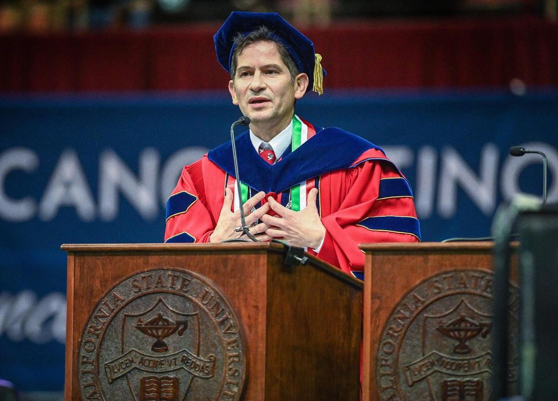 Fresno State President Saul Jimenez Sandoval delivers his speech in English and Spanish during the 46th annual Fresno State Chicano/Latino Commencement Ceremony held at the Save Mart Center on Saturday, May 21, 2022.