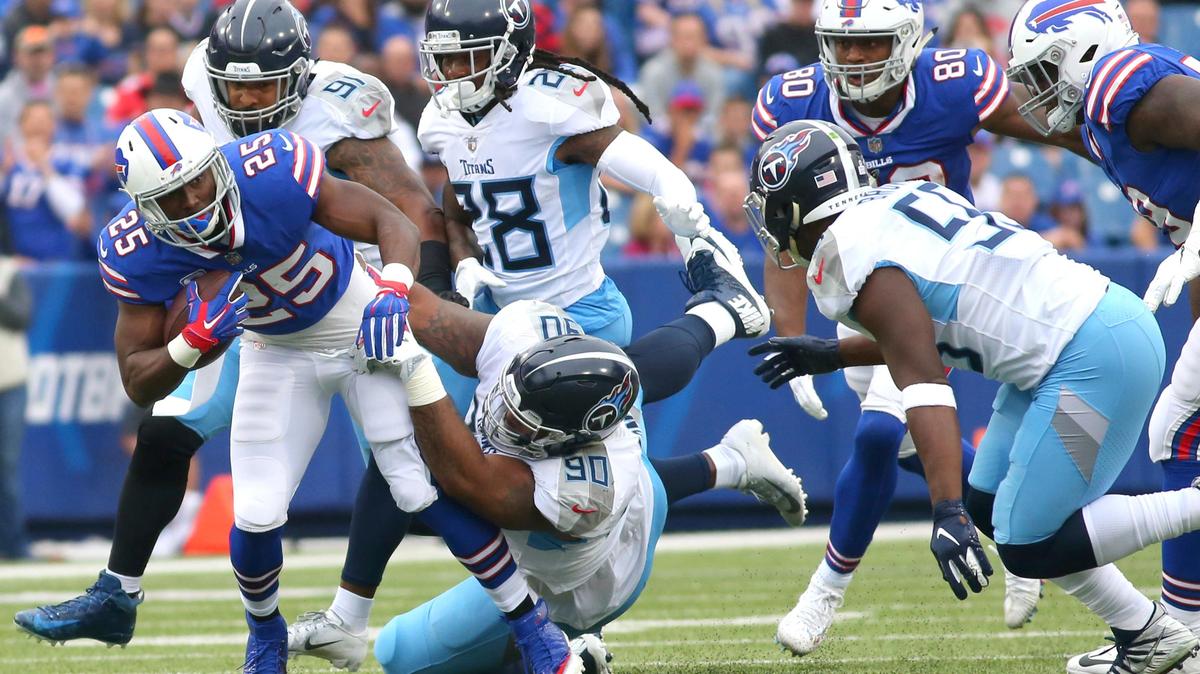 Buffalo running back LeSean McCoy (25) is tackled by a host of Tennessee Titans defenders during the first half the Bills’ 13-12 victory, Sunday, Oct. 7, 2018, in Orchard Park, N.Y. McCoy, NFL Network analyst David Carr said, should be a trading deadline target for the Philadelphia Eagles.
