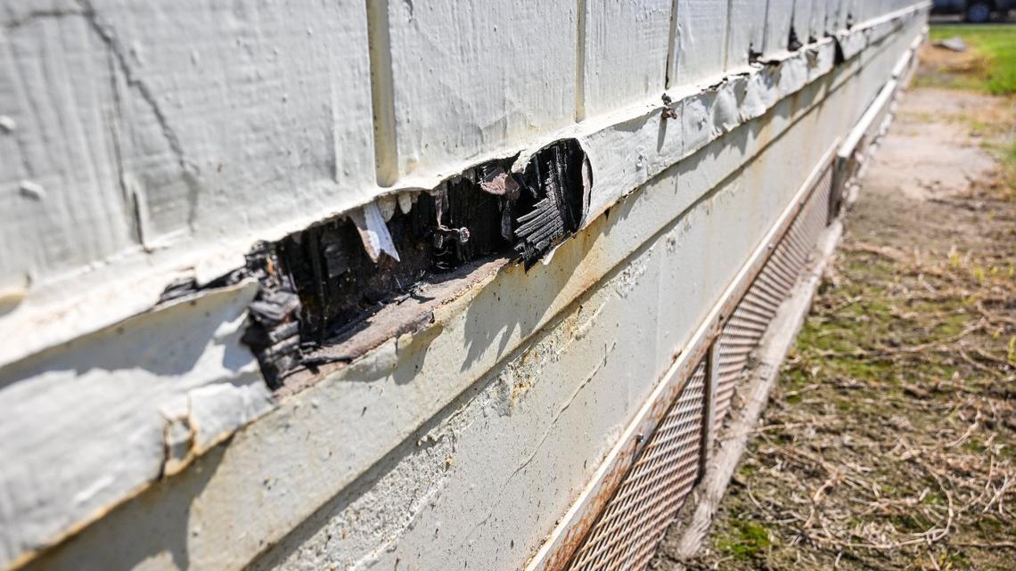 Rotting and rusting siding appears on a portable classroom at Ericson Elementary School in the Fresno Unified School District on Friday, Oct. 4, 2024. Aging portables at the school that is more than 60 years old are among the needs in the district which is pushing for the passage of Measure H to meet those needs.