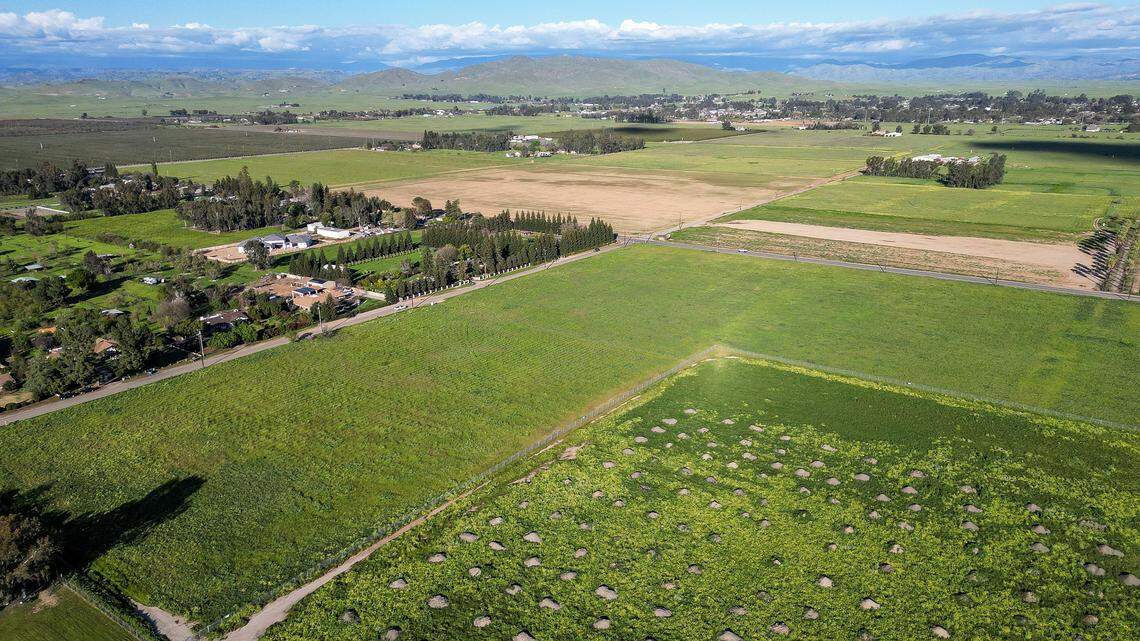 An aerial view shows land near the intersection of E International Avenue and N Minnewawa Avenue north of Clovis which the city of Clovis has purchased with plans to build a new transit center. 