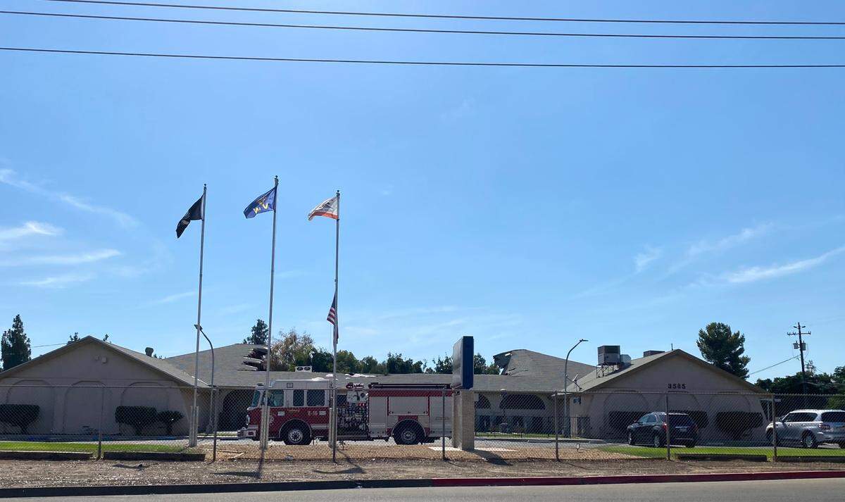 A roof collapsed at the VFW Hall at North Blythe Avenue in Fresno California on Friday, July 21, 2023.