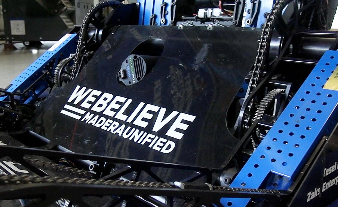 The motto “We Believe” is seen on the winning roboto design used by Madera Unified’s MadTown Robotics teamin winning its third World Championship. Photographed Tuesday, May 13, 2025 in Madera.