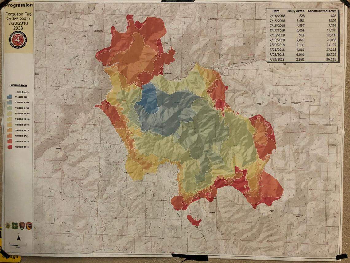 A Cal Fire map shows the progression of the Ferguson Fire near Yosemite National Park. The fire has grown to more than 56,659 acres and was 30 percent contained on Monday, July 30, 2018.