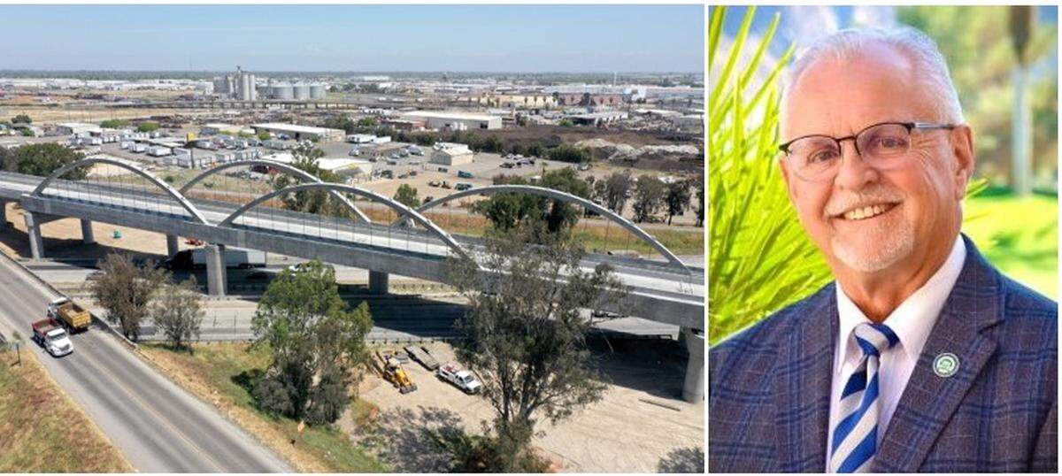 Assemblymember Tom Lackey, right, a Repubican from Palmdale, introduced legislation Sept. 11, 2024, to pull $3 billion from California’s high-speed rail project to pay for $100 rebates to owners of gasoline-fueled cars in the face of high gas prices. At left: a high-speed rail viaduct built over Highway 99 in Fresno.
