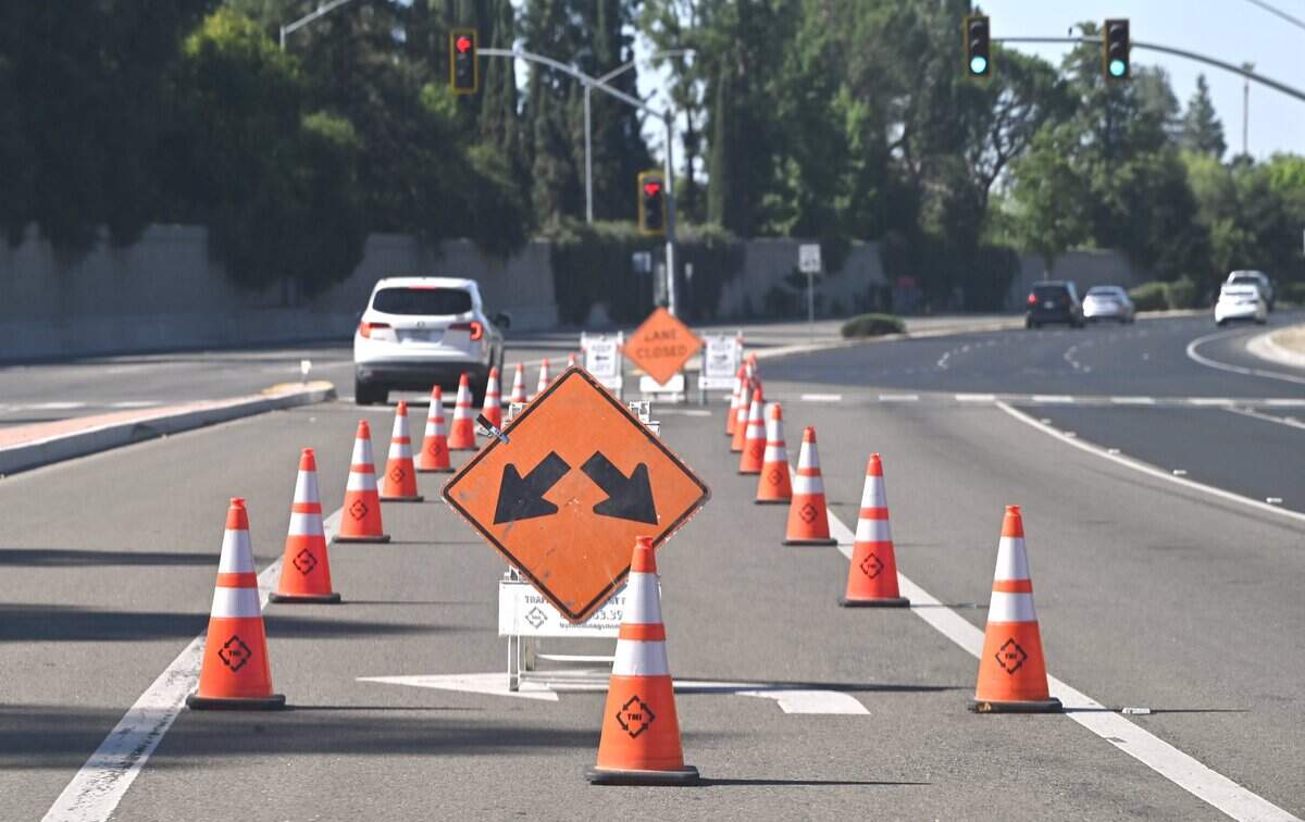 Traffic diversions and a closed lane, seen along Friant Road at Shepherd Avenue Friday, July 10, 2026.