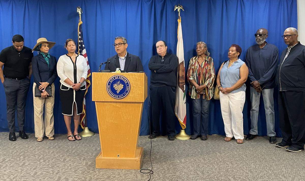 Councilmember Miguel Arias and west Fresno community leaders including Pastor B.T. Lewis, Fresno Unified Trustee and District 3 Candidate Keshia Thomas, Debbie Darden, chair of the Golden Westside Planning Committee, among others, speak in opposition to the Elm Rezone at Fresno City Hall on Wednesday March 18, 2026.
