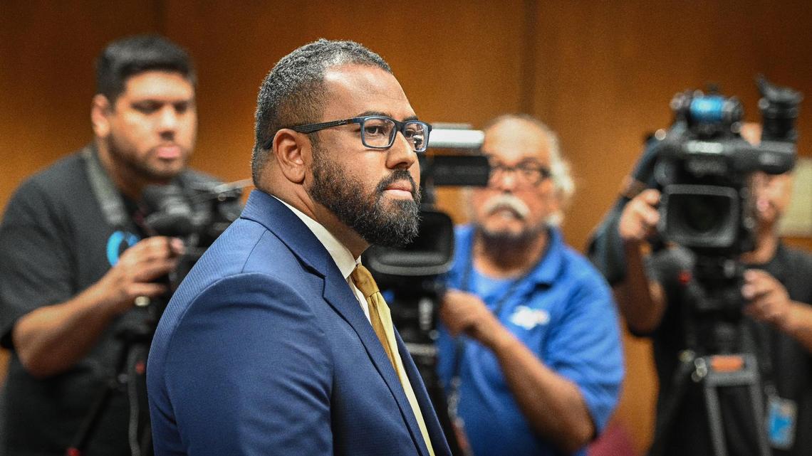 Fresno City Councilmember Nelson Esparza appears in Fresno County Superior Court during an arraignment hearing on a felony extortion charge, on Tuesday, Sept. 20, 2022.