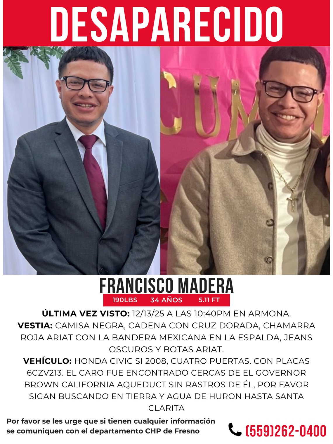 El maestro suplente de Huron fue visto por última vez alrededor de las 10:40 p.m. del sábado 13 de diciembre, en el condado de Kings, en Armona.