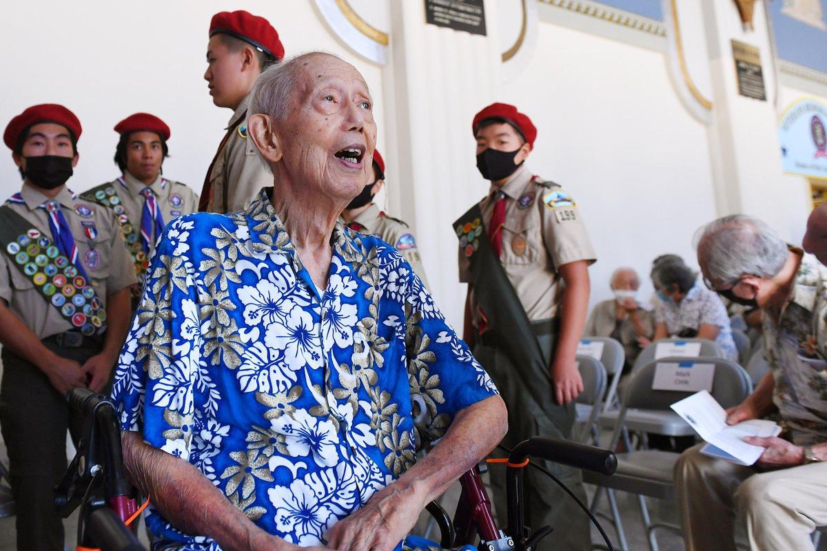 Wing Tuck Chin, a 1st Lieutenant in the U.S. Army Air Forces in WWII, sits as he and three other Chinese American WWII veterans receive medals in a ceremony attended by about 150 family and supporters at the Veterans Memorial Museum Saturday morning, June 26, 2021 in Fresno.