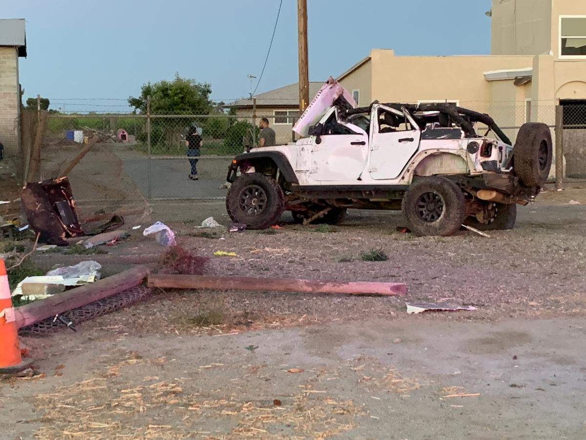 Three people were seriously hurt, including children ages 6 and 7, when a Jeep Wrangler Rubicon rolled over in a crash along Highway 145, just north of Clinton Avenue, on Sunday, May 23, 2021, in Fresno County.