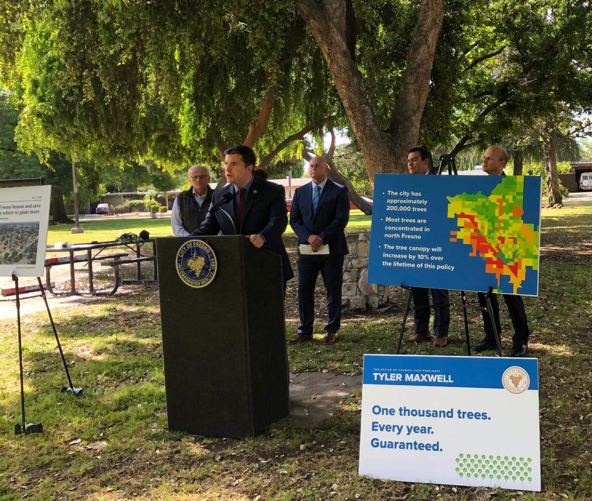 Fresno City Council Vice President Tyler Maxwell announces new tree planting plan with Mayor Jerry Dyer and Tree Fresno chief executive officer, Mona Cummings