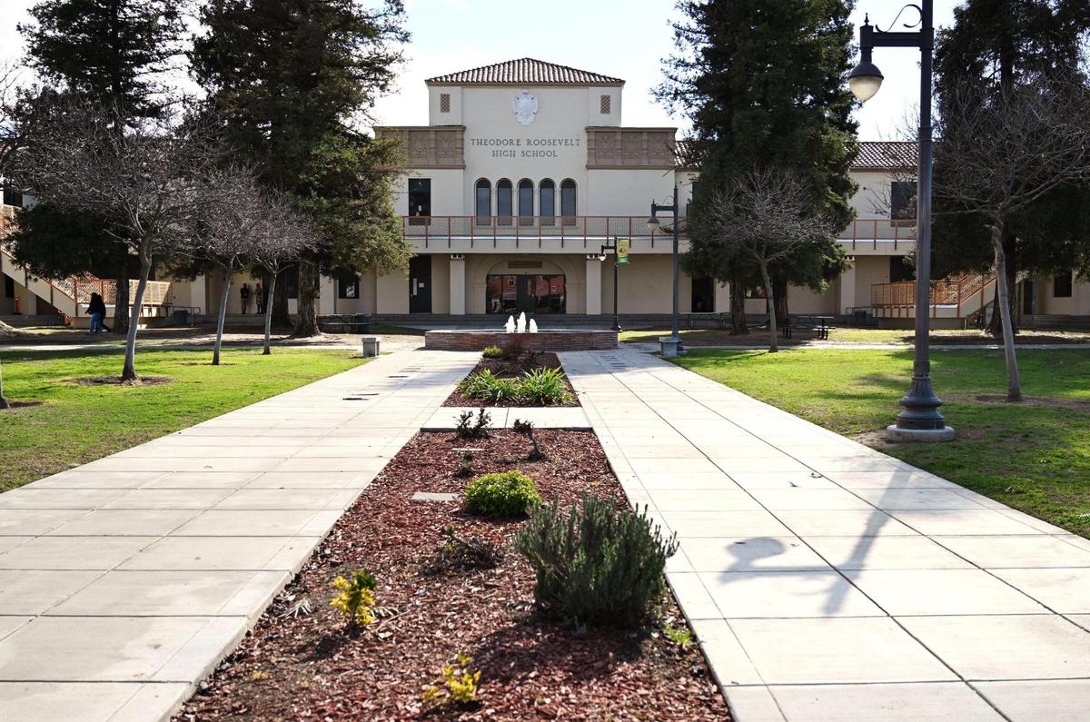 Roosevelt High School is seen Friday, Feb. 7, 2025 in Fresno. A retired substitute teacher was recorded by studnts making racist and demeaning comments about Mexicans and undocumented immigrants while questioning students about their legal status during class.
