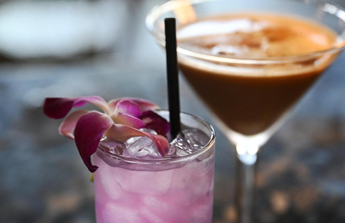 The Alchemist cocktail, bottom left and La Medianoche espresso cocktail made with tequila, top right, popular drinks at Eric Santos’ new Neat & Noir cocktail bar, located in the Peerless Building on Broadway in downtown Fresno. Photographed Tuesday, June 24, 2025.